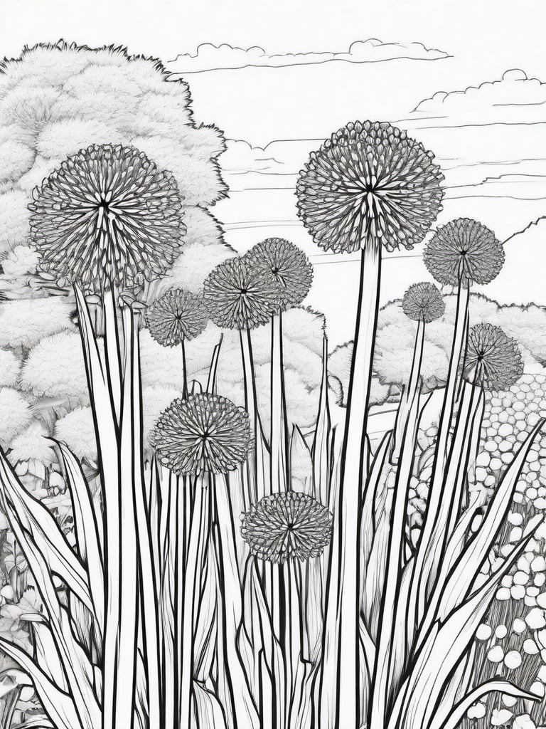 Allium coloring page sheet - Tall alliums standing proudly in a well-manicured garden.  black outline printable coloring page