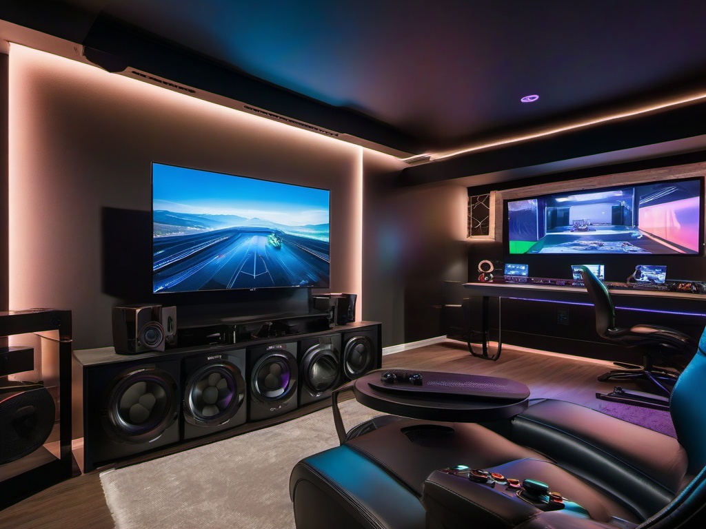 In the gamer room, High Tech interior design features a streamlined setup, immersive sound systems, and RGB lighting that enhance the gaming experience with a modern flair.  