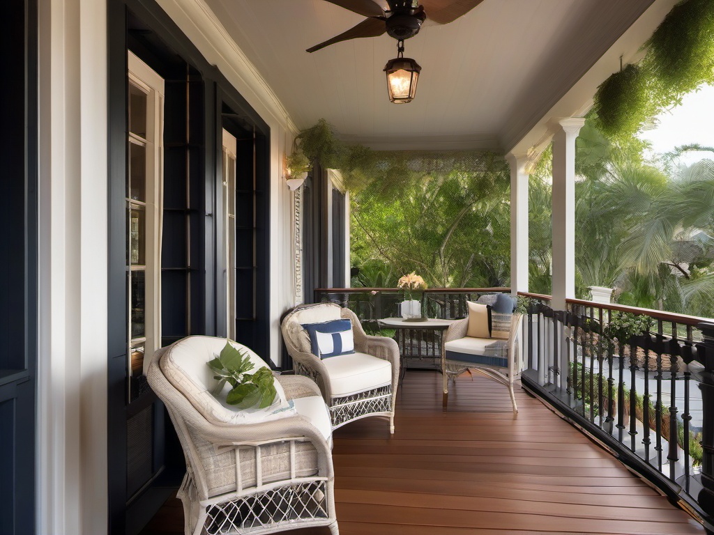 The balcony showcases American Colonial interior design with traditional seating, charming accents, and a serene ambiance that creates a perfect space for relaxation and enjoyment.  