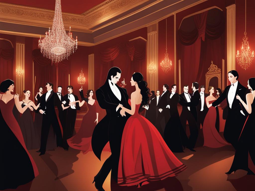 vampire ballroom dance - illustrate a grand ballroom filled with vampires elegantly dancing to haunting music. 