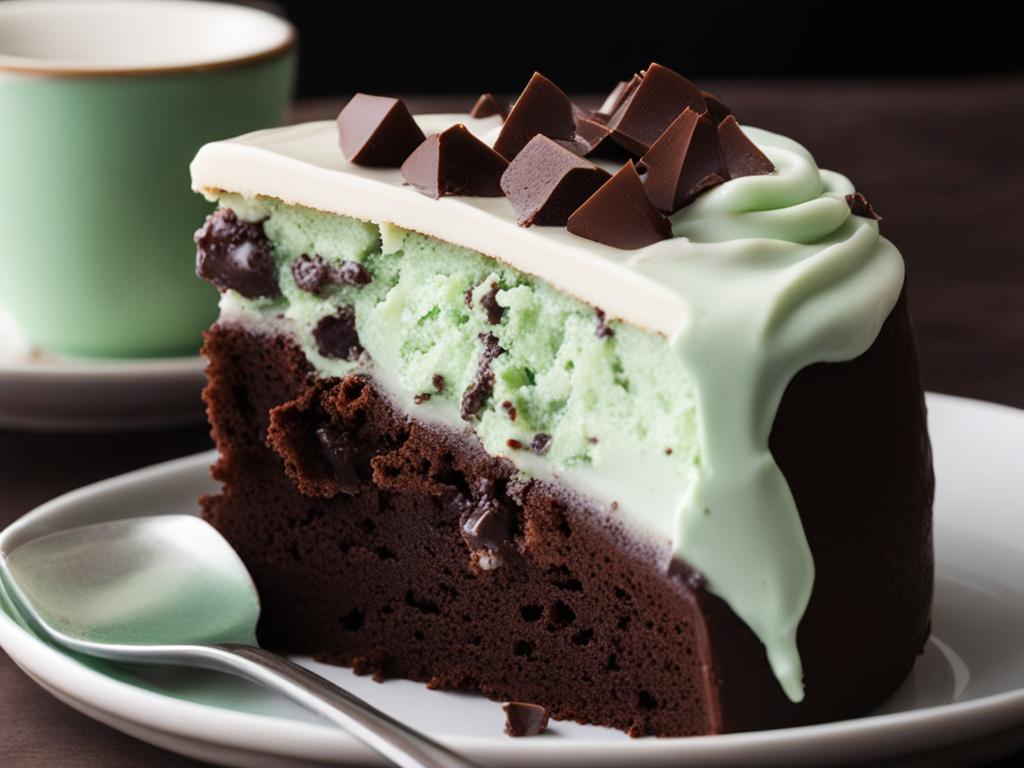 chocolate mint cake with mint chocolate chip icing, devoured at an ice cream parlor. 