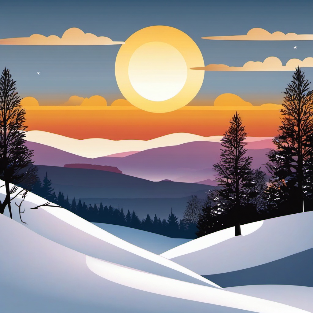 Winter Sunset clipart - Sun setting over a snowy landscape, ,vector color clipart,minimal