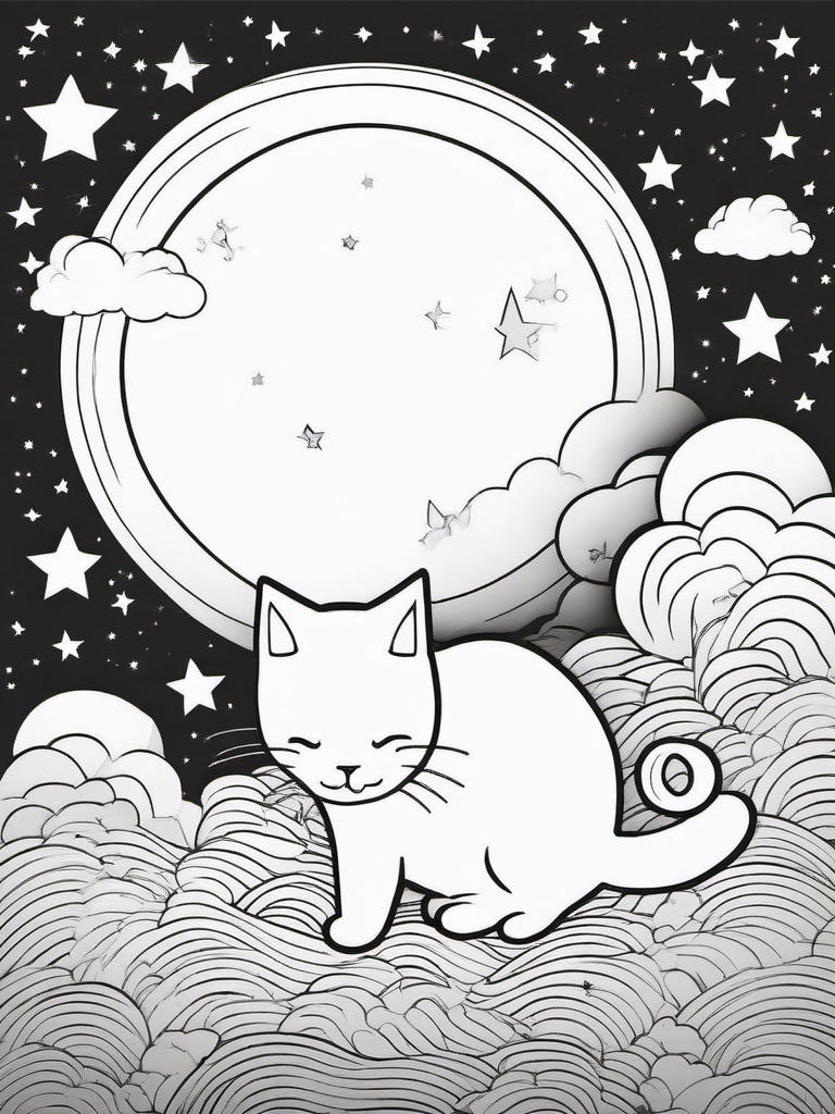 Kitty on a Cloud with Stars Coloring Pages - Dreamy Kitten in the Sky  minimal black outline printable sheet, coloring page