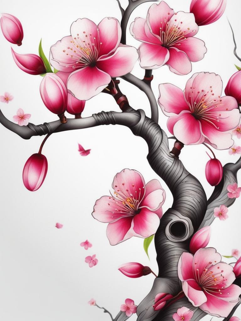 Cherry blossom tattoo for guys, Tattoos featuring cherry blossoms, often chosen by men. ,colorful, tattoo pattern, clean white background