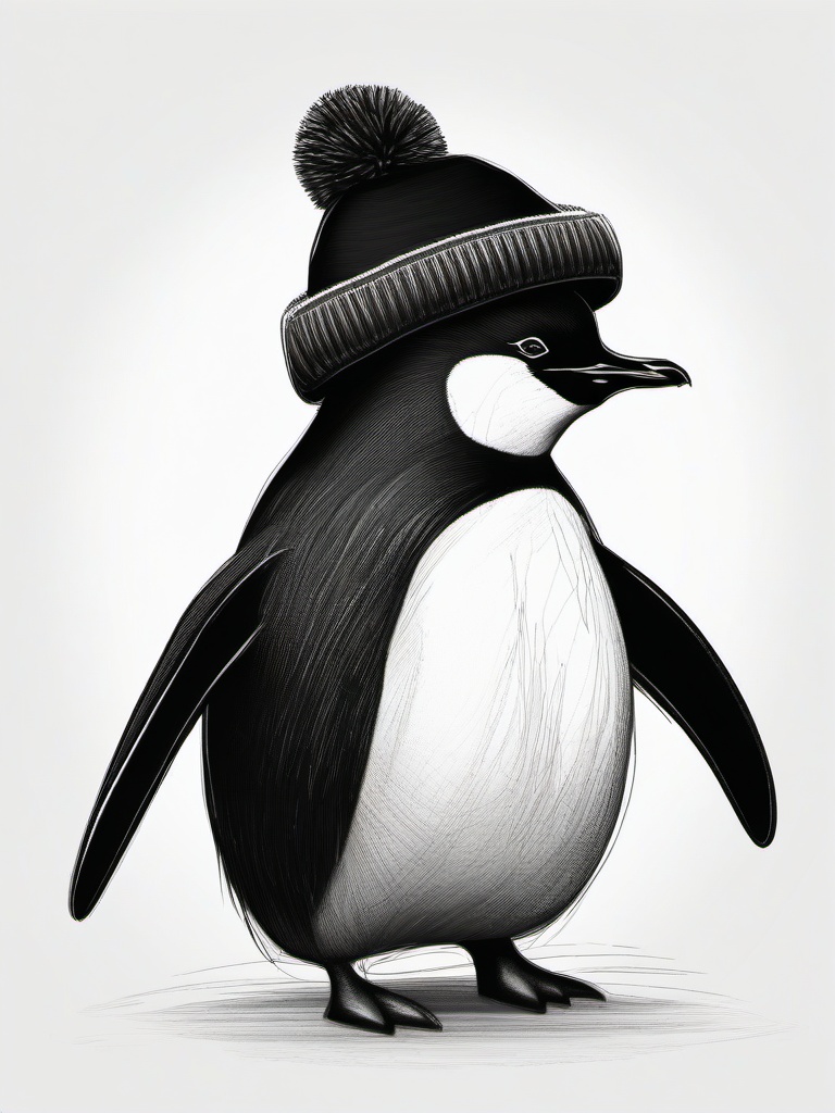 drawing of a penguin wearing a winter hat  minimal rough sketch scribbles,doodles,black and white