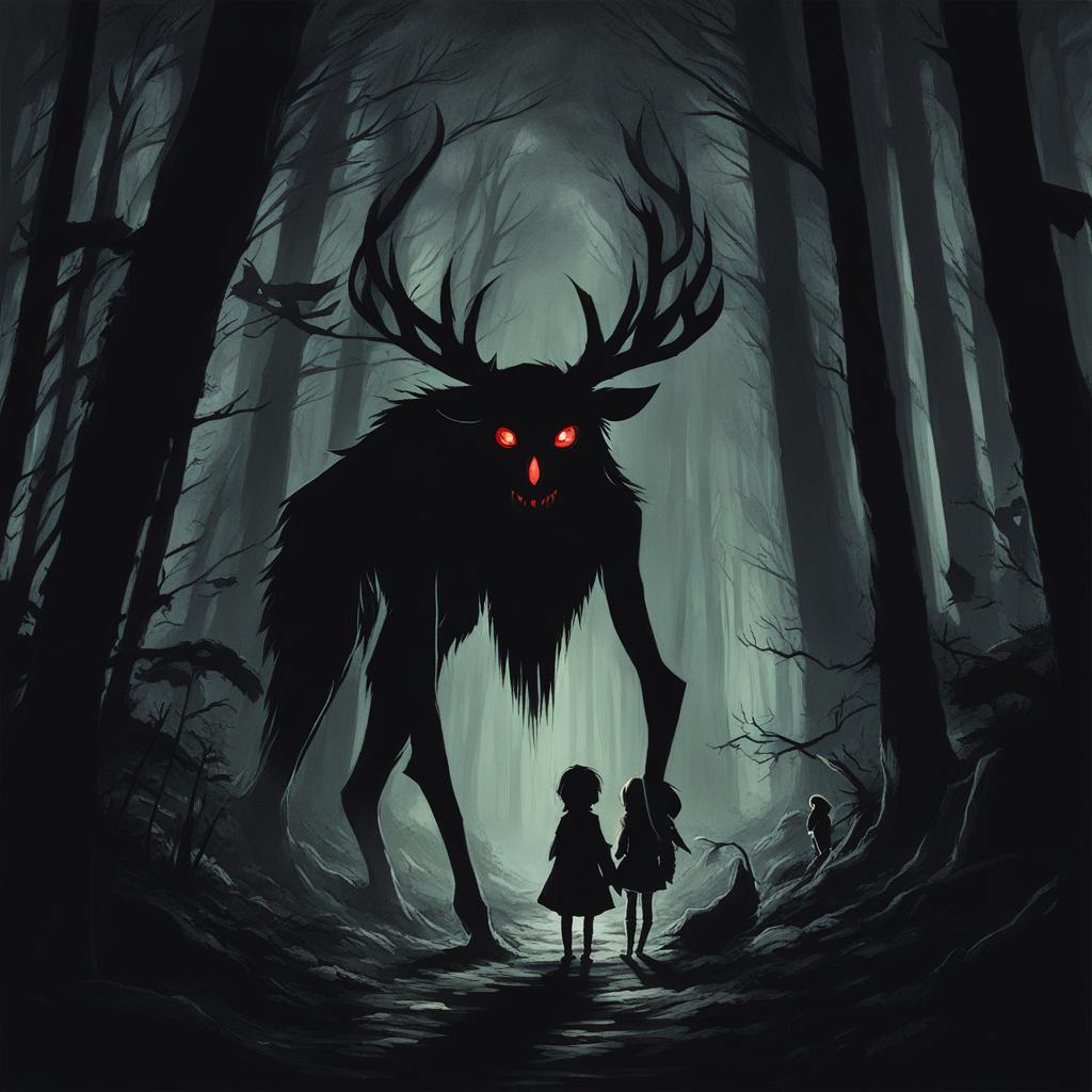 creepy forest encounter - create an artwork of anime characters encountering eerie creatures in a dark and creepy forest. 