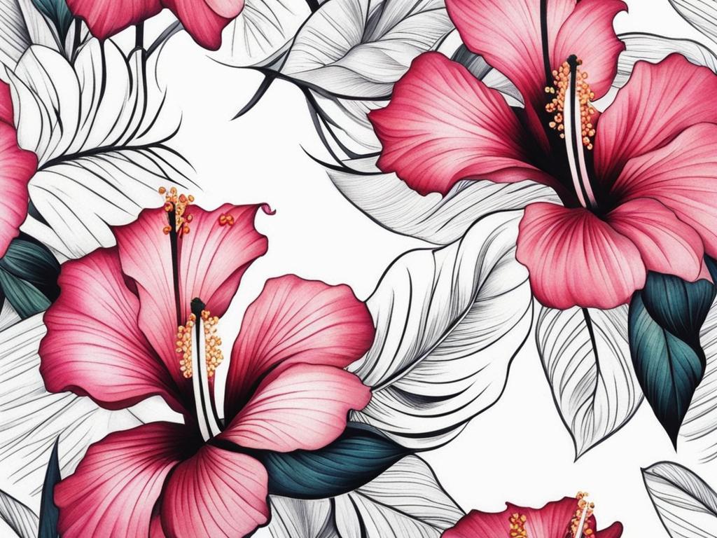 Hibiscus tattoo, Tattoos inspired by the striking and tropical hibiscus flower. colors, tattoo patterns, clean white background