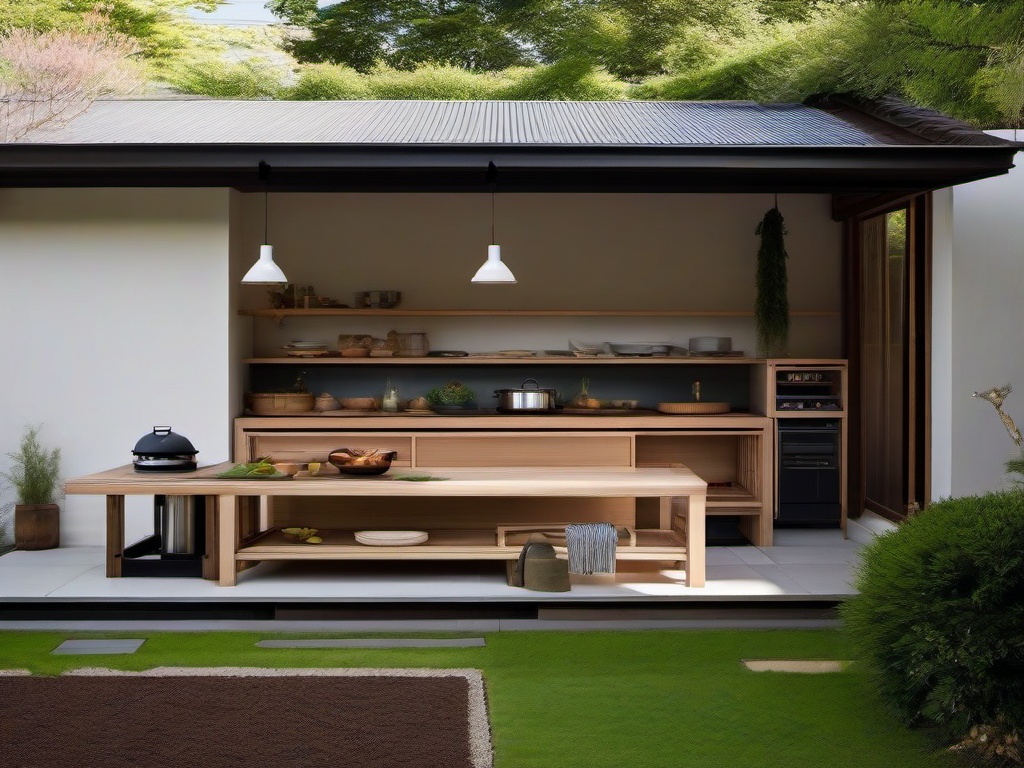 Japanese outdoor kitchen showcases clean lines, natural materials, and a simple layout, promoting a serene and harmonious cooking experience outdoors.  