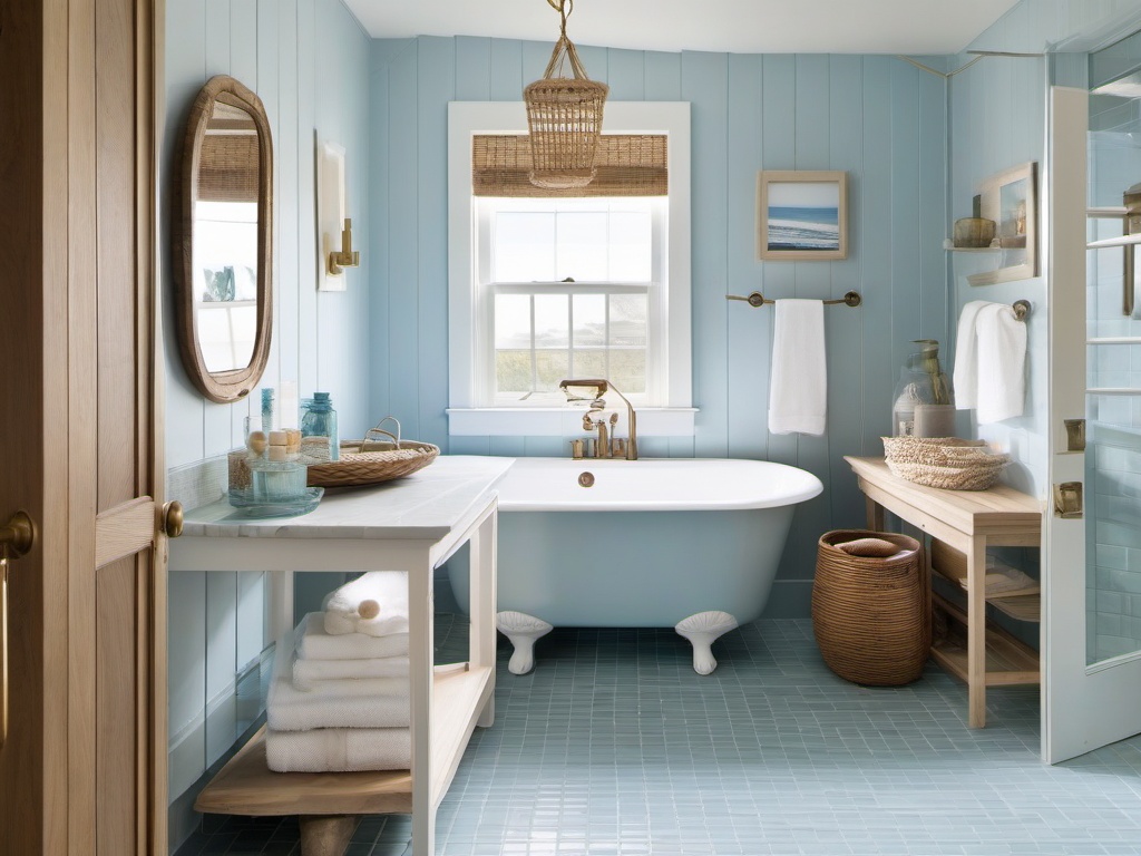 Coastal small bathroom features light blue tiles, driftwood accents, and nautical decor, bringing a relaxed beach vibe into a compact area.  