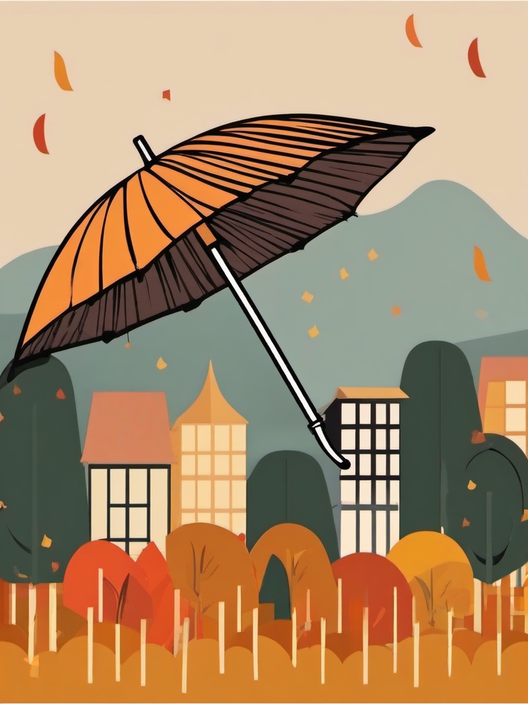 Umbrella clipart - umbrella in a windy autumn setting  color,minimalist,vector clipart