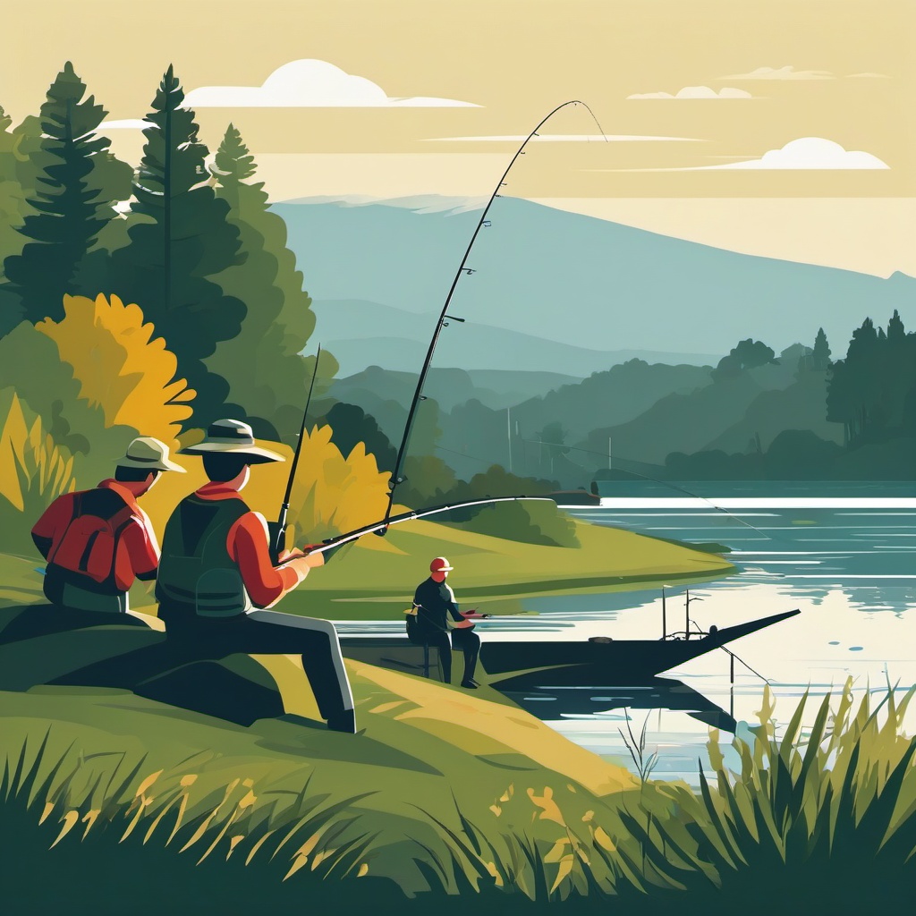 Fishing by a Riverbank Clipart - Anglers fishing by a riverbank.  color vector clipart, minimal style