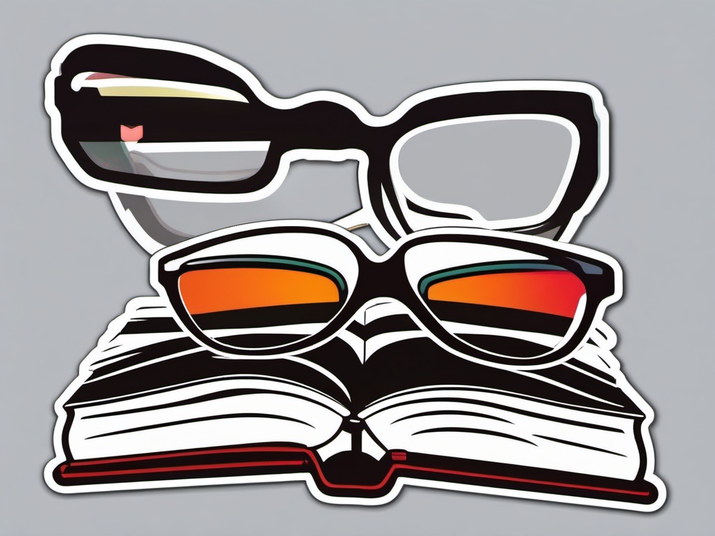 Book and Glasses Sticker - Open book with stylish reading glasses, ,vector color sticker art,minimal