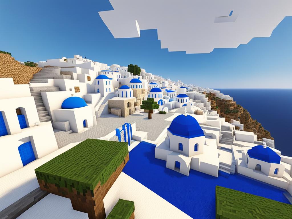 greek island village with white-washed buildings and blue domes - minecraft house ideas minecraft block style