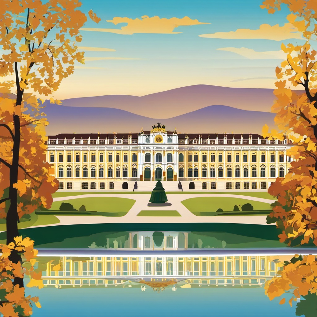 Vienna clipart - Schönbrunn Palace and Vienna cityscape,  color clipart, vector art