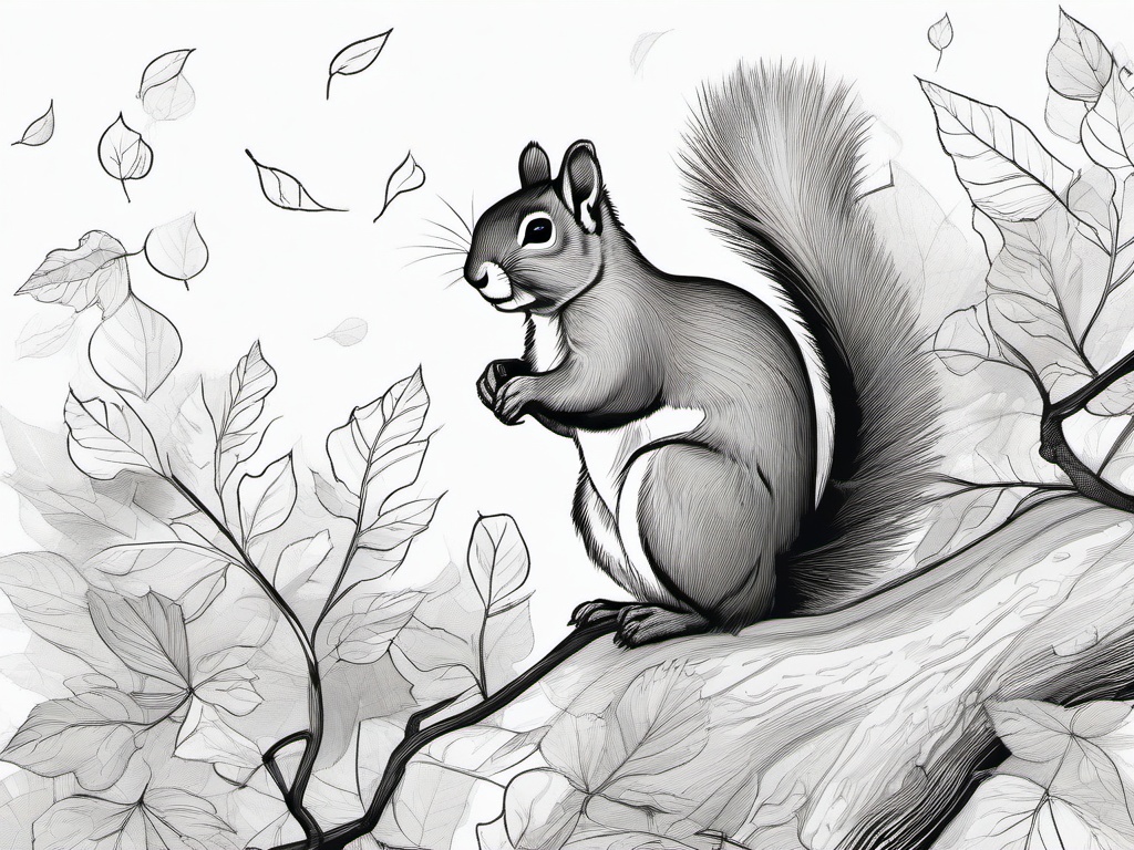 drawing of a squirrel with autumn leaves  minimal rough sketch scribbles,doodles,black and white