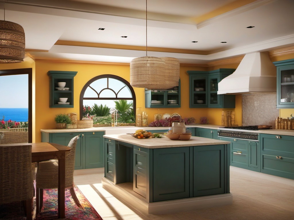 Mediterranean Coastal Retreat - Capture the warmth of the Mediterranean coast. , kitchen layout design ideas, multicoloured, photo realistic, hyper detail, high resolution,