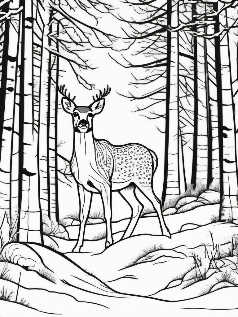 Winter Forest Animals Coloring Pages - Deer, Foxes, and Squirrels in Snow  minimal black outline printable sheet, coloring page