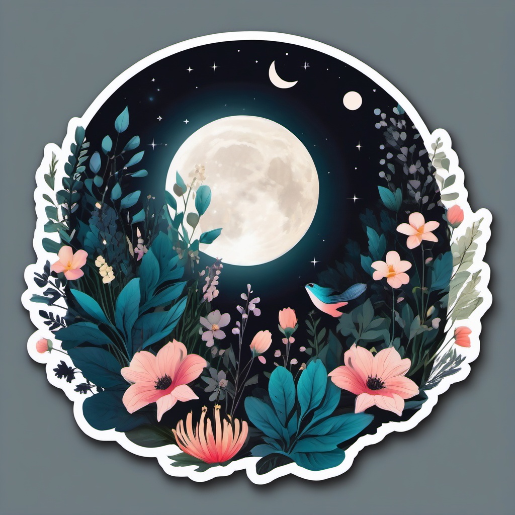 Moonlit garden sticker- Floral beauty, , sticker vector art, minimalist design