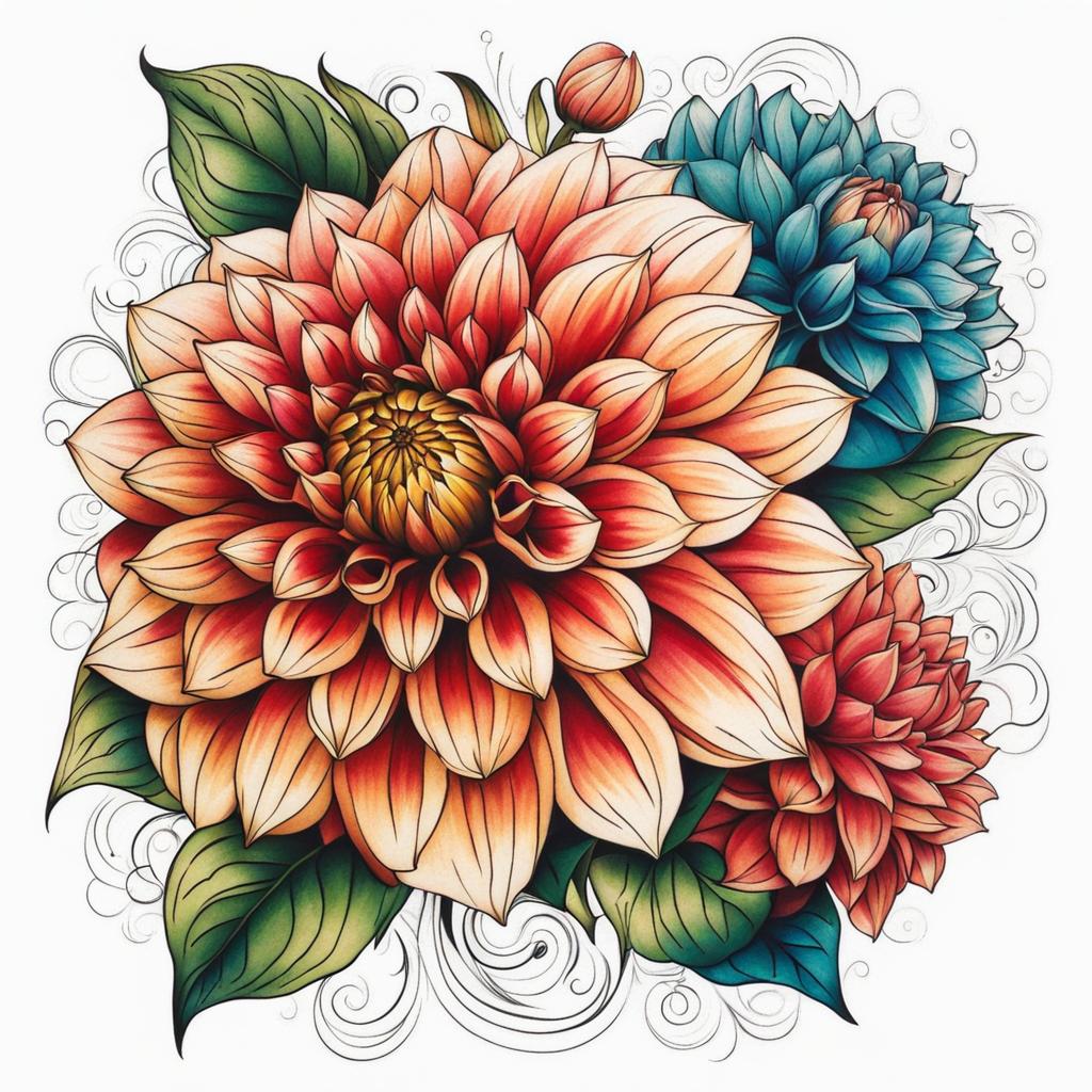 Dahlia tattoo, Tattoos inspired by the vibrant and intricate dahlia flower.  vivid colors, white background, tattoo design