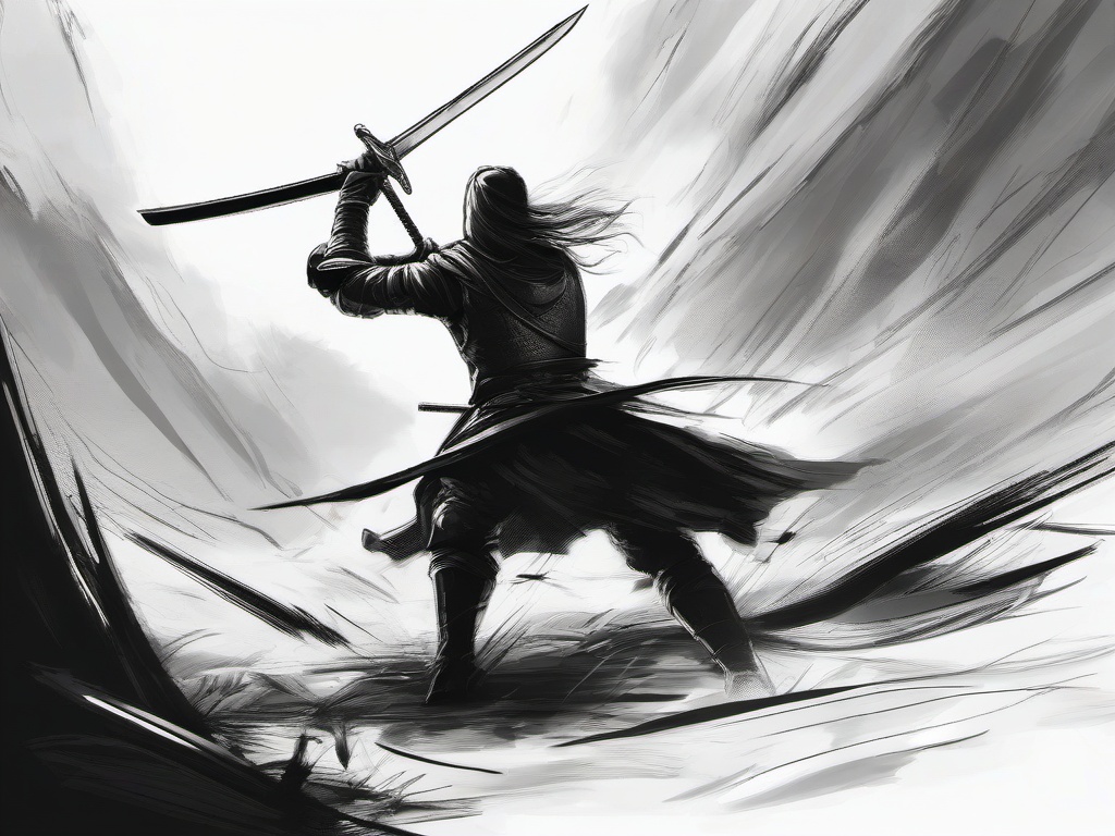 drawing of a sword in a battle  minimal rough sketch scribbles,doodles,black and white