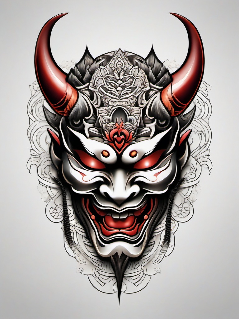 Japanese Hannya Mask Tattoo-Intricate and cultural tattoo featuring a Hannya mask in Japanese style, showcasing traditional and symbolic aesthetics.  simple color tattoo,white background