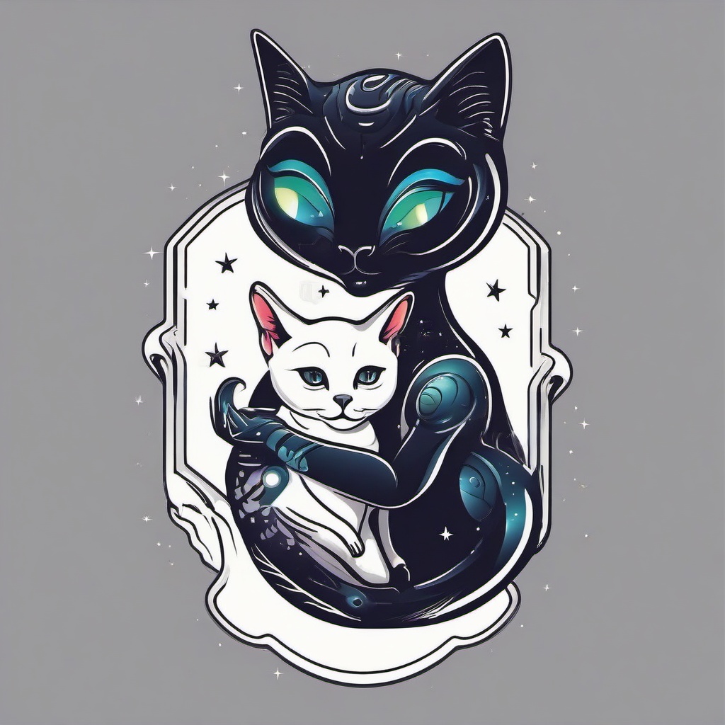 Alien Holding Cat Tattoo - Playful combination of cosmic charm and feline friendship.  simple color tattoo,vector style,white background