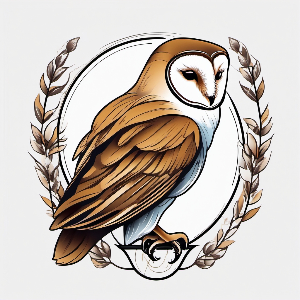 Barn owl tattoo perched on a note, symbolizing melody.  color tattoo style, minimalist design, white background