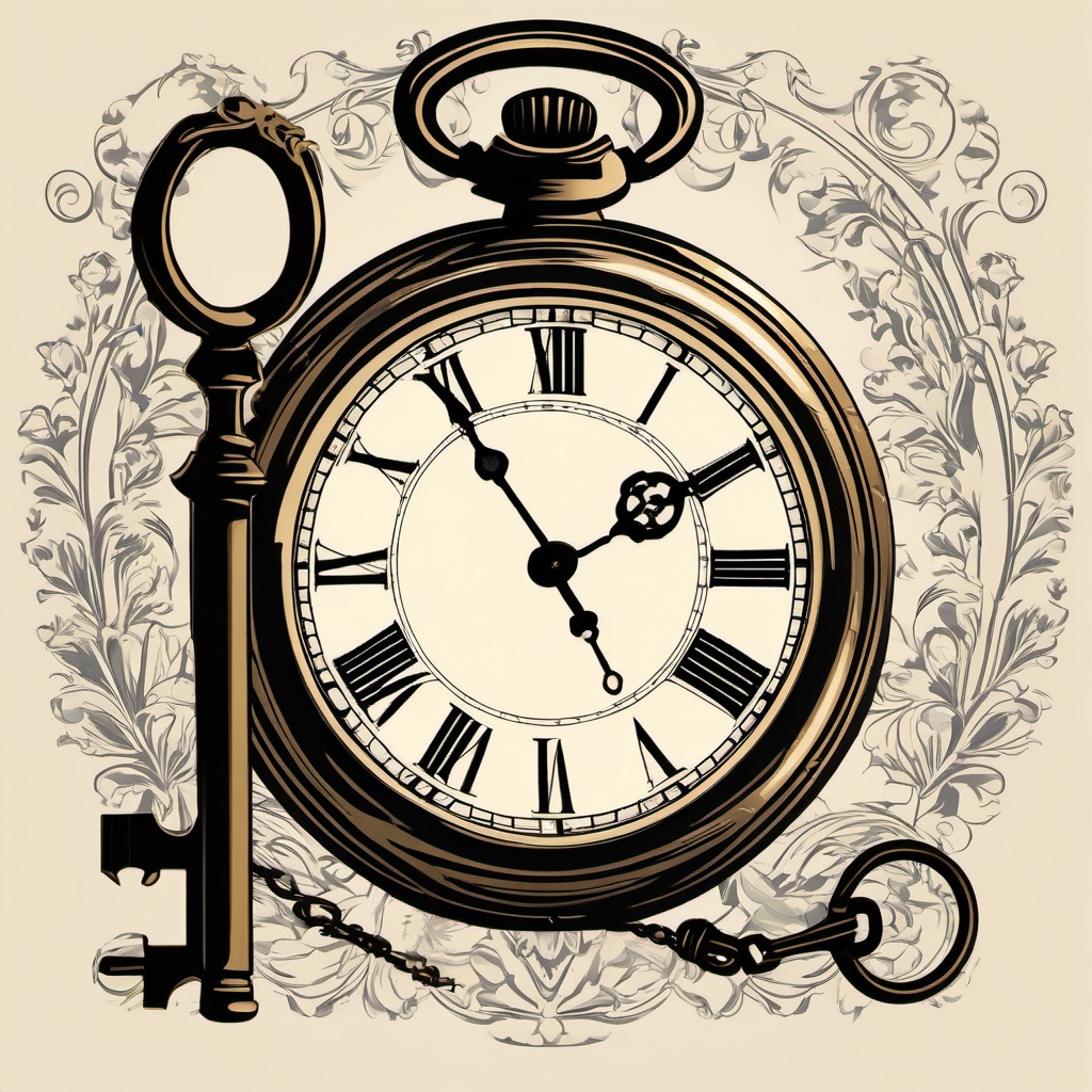 Pocket Watch and Key Clipart - Antique pocket watch paired with an old key.  color clipart, minimalist, vector art, 