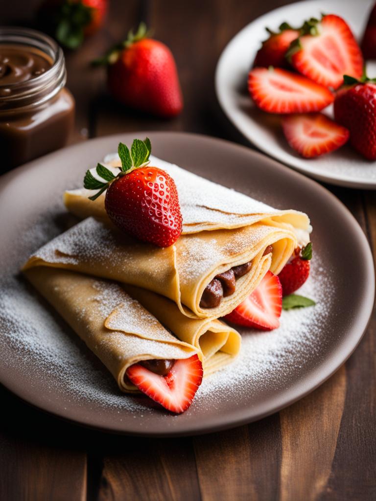 an assortment of delicate crepes, filled with nutella, strawberries, and a dusting of powdered sugar. 