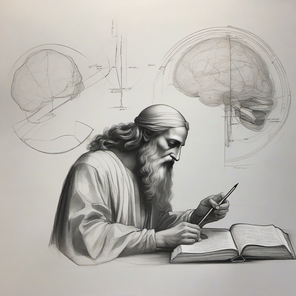 drawing of Leonardo Da Vinci studying anatomy  minimal rough sketch scribbles,doodles,black and white