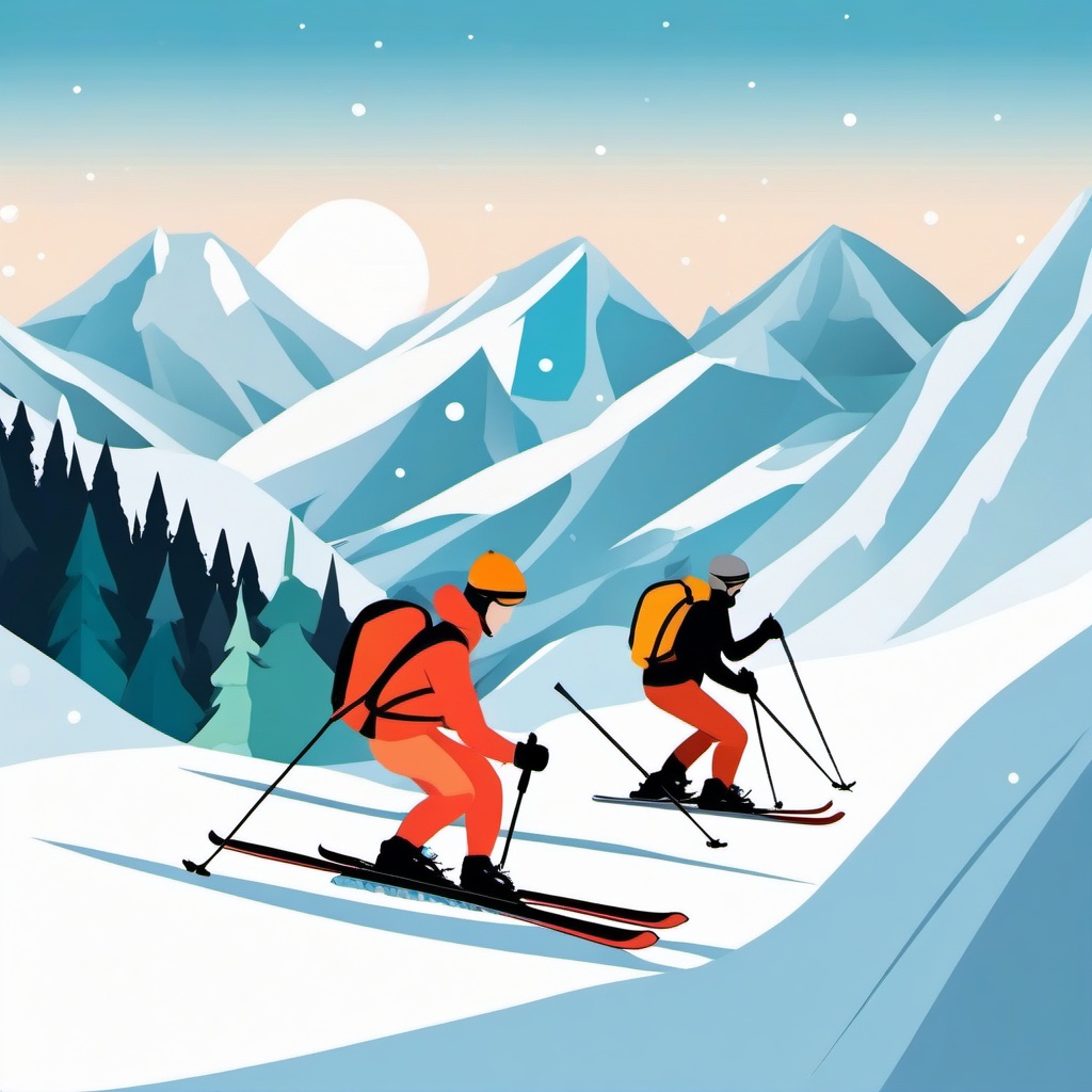 Snow Skiing Mountain Adventure Clipart - Skiers on a mountain adventure.  color vector clipart, minimal style