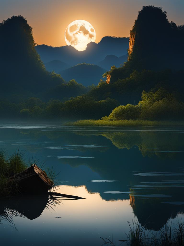 puzhehei - create a night scene of puzhehei, a wetland area with crystal-clear waters and karst formations, where the moonlight dances on the lakes. 