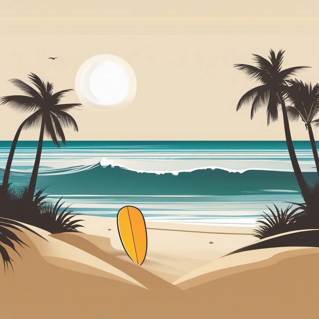 Surfboard by the Ocean Clipart - Surfboard planted in the sand by the ocean.  color clipart, minimalist, vector art, 