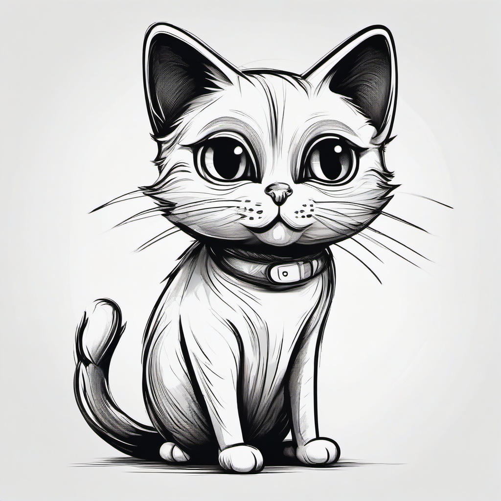 drawing of a cartoon cat with big eyes  minimal rough sketch scribbles,doodles,black and white