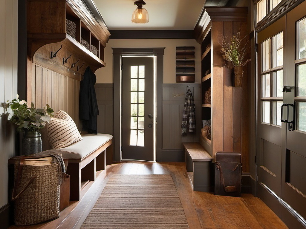 Rustic mudroom highlights reclaimed wood elements, vintage hooks, and warm colors, evoking a cozy and charming atmosphere for welcoming guests.  