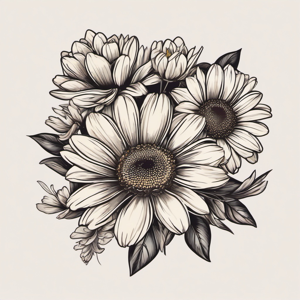 Daisy Bouquet Tattoo-Charm of a bouquet in a daisy bouquet tattoo, celebrating the beauty of various blooms.  simple vector color tattoo