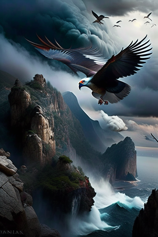 celaeno harpies swooping down from stormy clouds to snatch prey from a rocky cliff. 