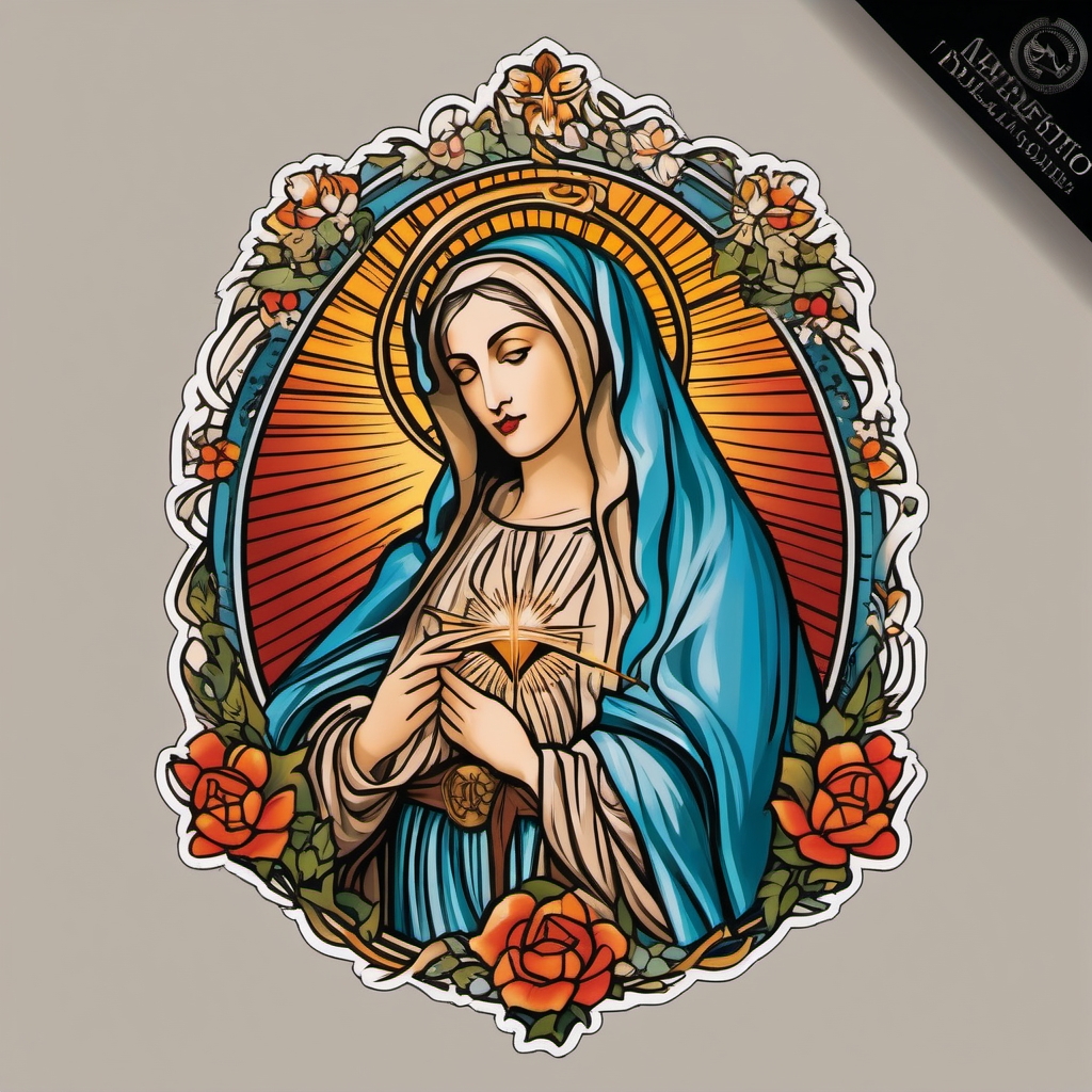 Madonna della Strada tattoo: Jesuit devotion to the Catholic Lady of the Way.  color tattoo style, white background