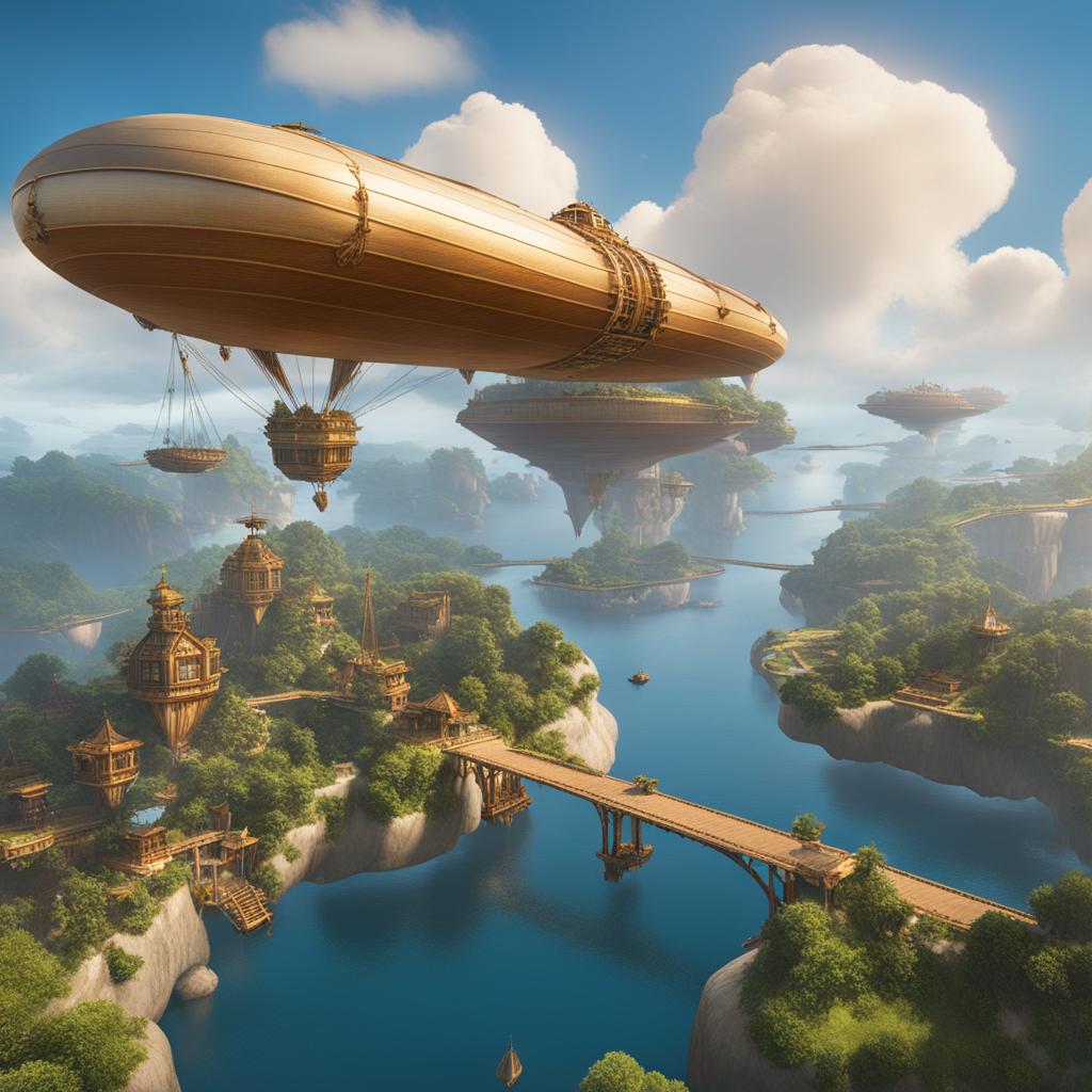 embark on a journey to the sky archipelago, floating islands connected by airships and bridges in the sky. 