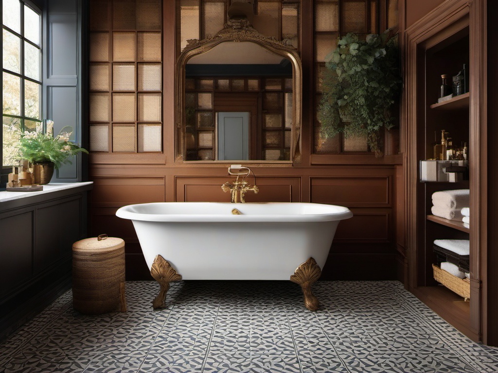 A bathroom with vintage interior design features a clawfoot tub, patterned tiles, and antique fixtures that turn the space into a stylish and timeless oasis.  