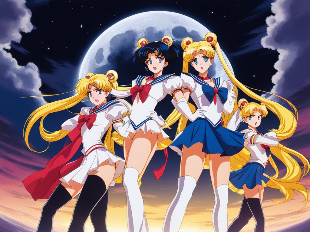 sailor moon and her sailor guardians strike a dynamic pose under a full moon. 