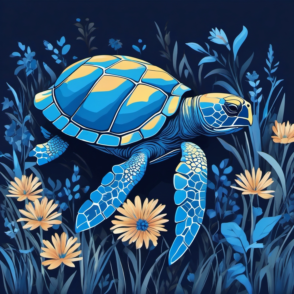 Blue Turtle - Amidst a field of vibrant blue flowers, the turtle stands out with its captivating azure hue.  vector art, clipart, minimal