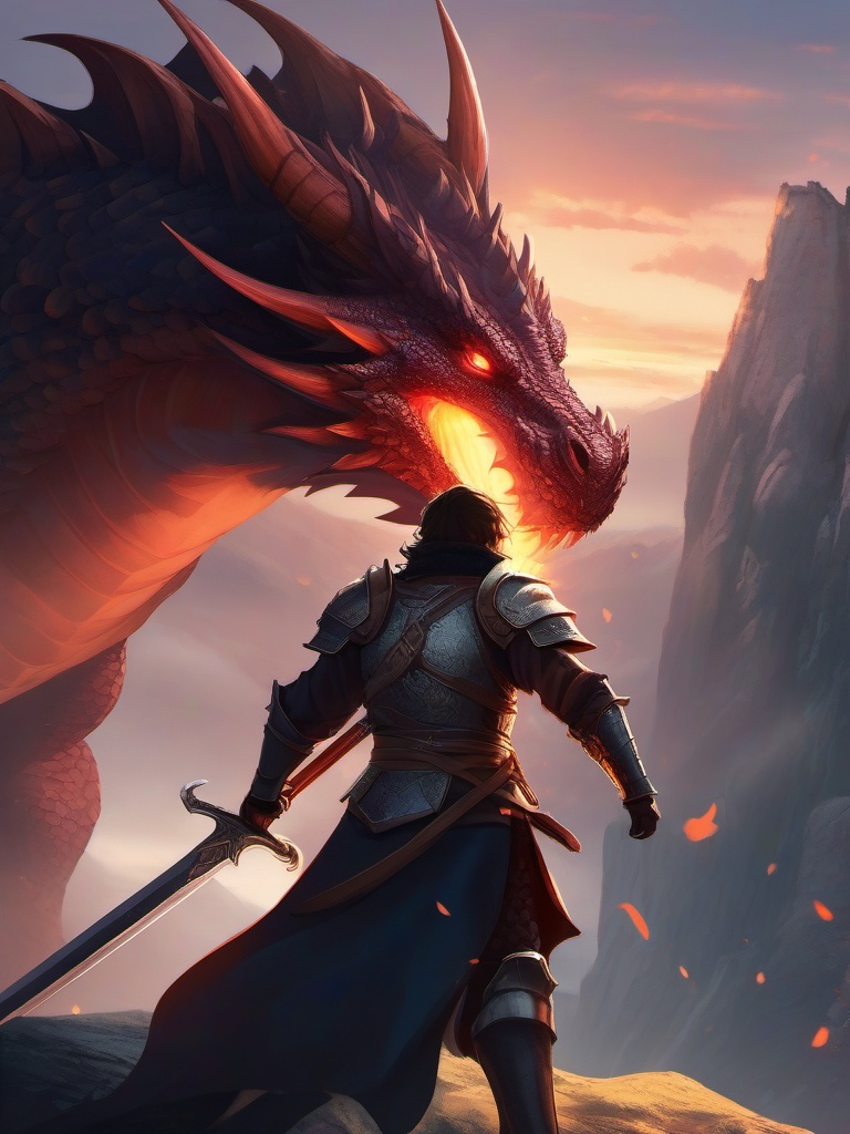 Heroic dragon slayer, bravely facing a colossal dragon in a medieval realm, sword raised for an epic battle.  front facing ,centered portrait shot, cute anime color style, pfp, full face visible