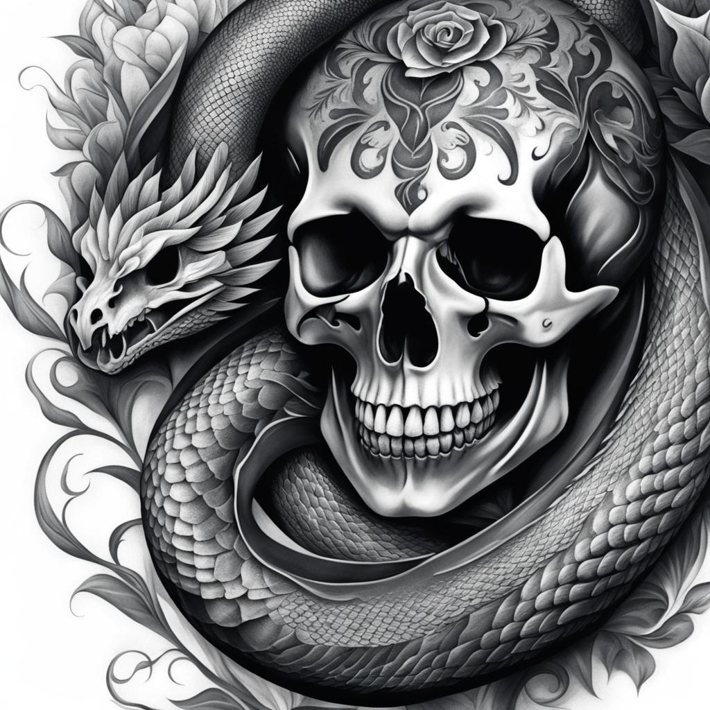 Skull and snake tattoo, Tattoos that combine snake imagery with skull motifs. colors, tattoo patterns, clean white background