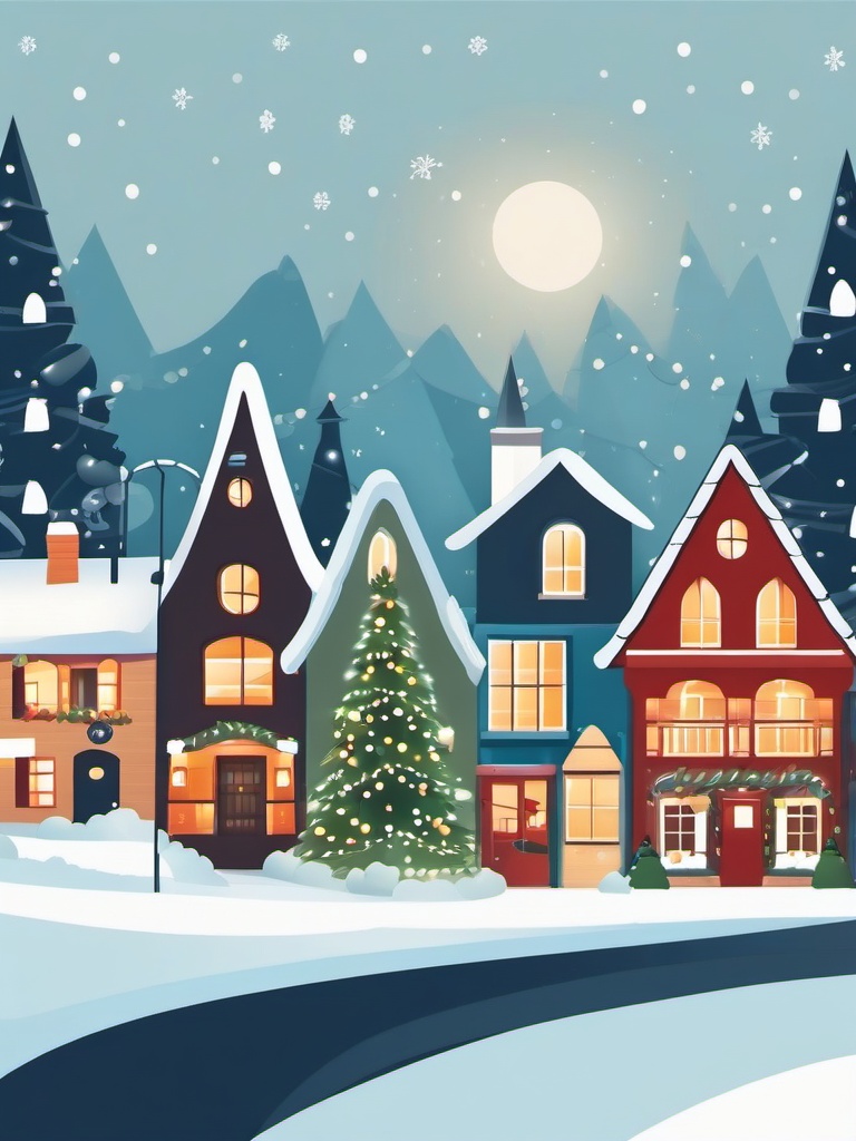 Winter Village clipart - Quaint village adorned with holiday lights, ,vector color clipart,minimal