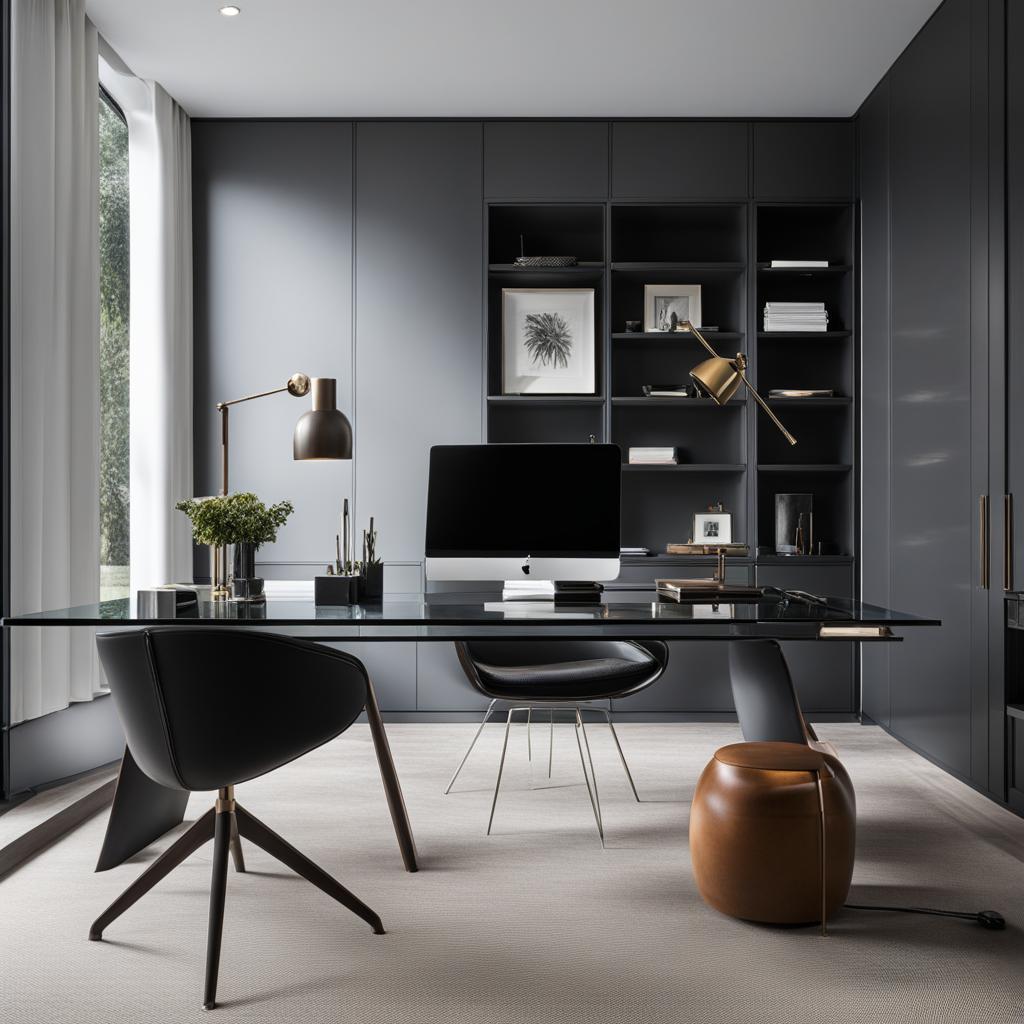 modern home office with a sleek glass desk and minimalist decor. 