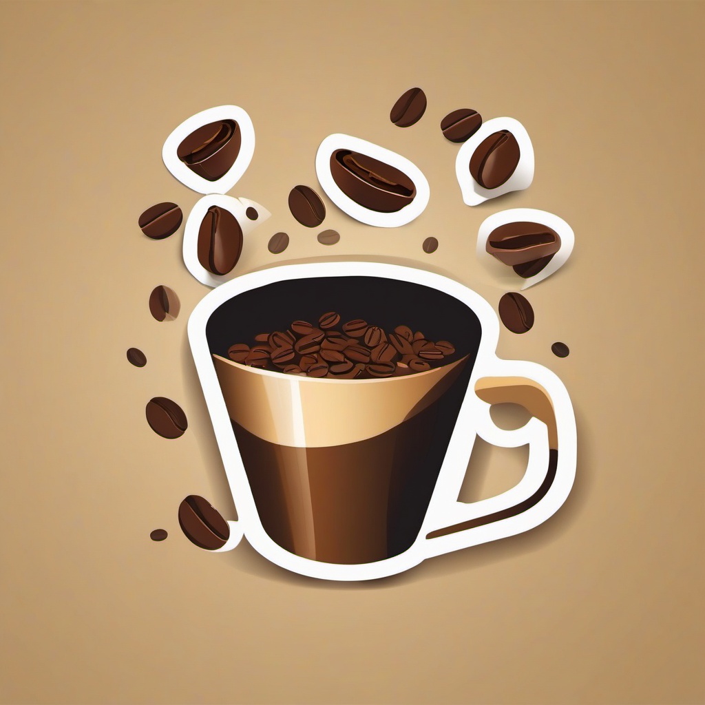 Coffee Cup and Beans Sticker - Coffee cup with scattered coffee beans, ,vector color sticker art,minimal