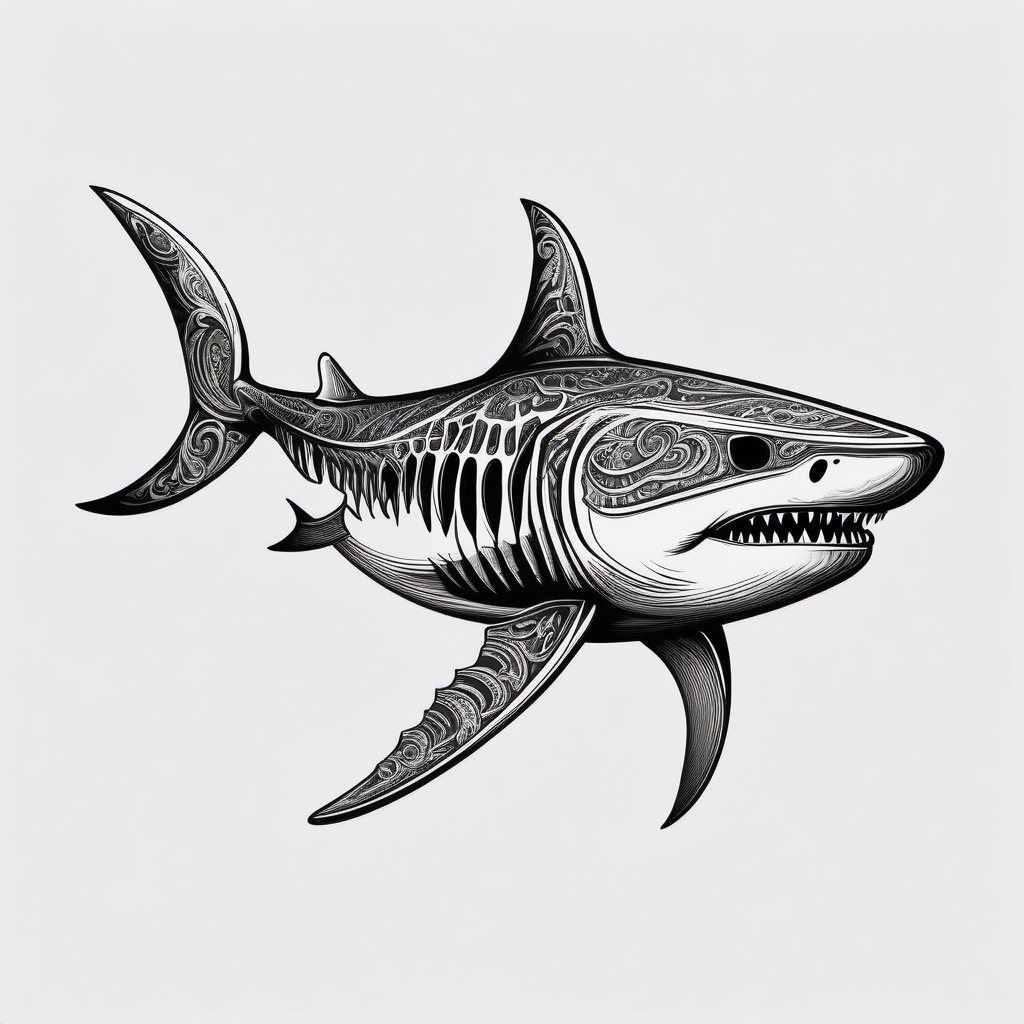 Skeleton Shark Tattoo,a captivating tattoo capturing the essence of a skeleton shark, symbolizing the mystery of the deep sea. , tattoo design, white clean background