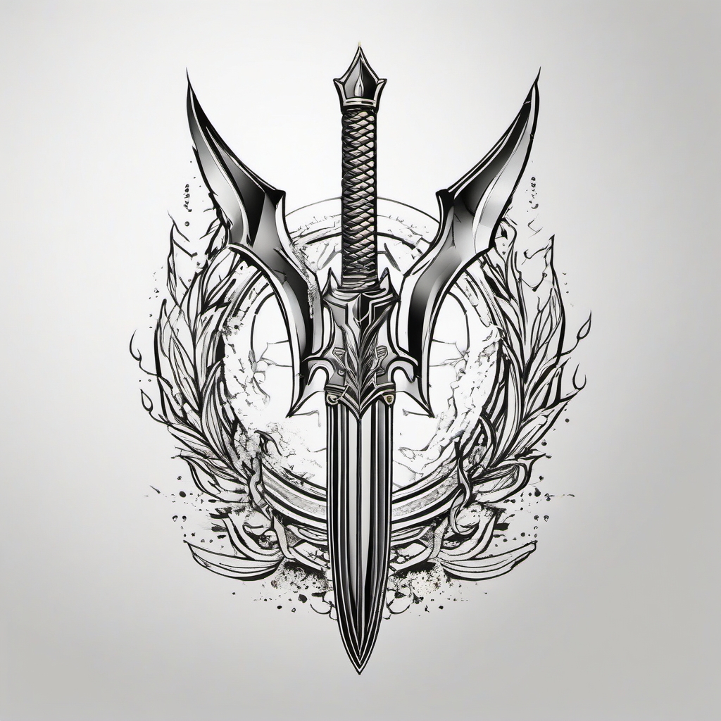 Trident of Aquaman tattoo. King's weapon inked.  color tattoo minimalist white background