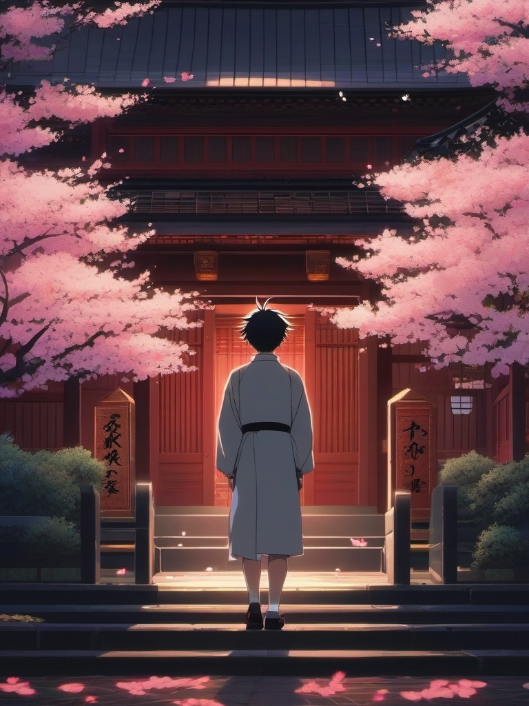 Amidst cherry blossom petals, an anime boy confronts his inner demons in a hauntingly beautiful shrine, seeking solace from a tumultuous past.  1990s anime style